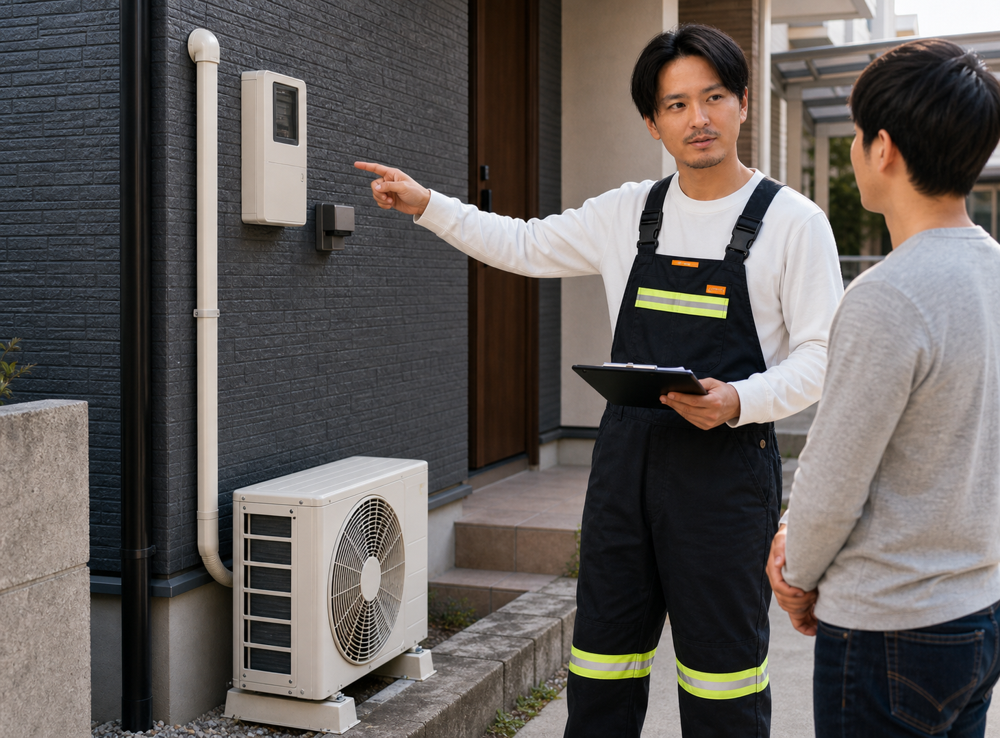 T-BASEの職人が現場でお客様に設備の状態を説明している様子